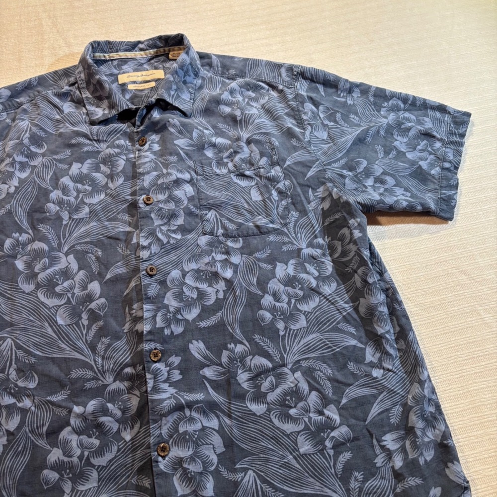 Tommy Bahama Mens XL Silk Floral Hibiscus Button Down Shirt Blue Original Fit